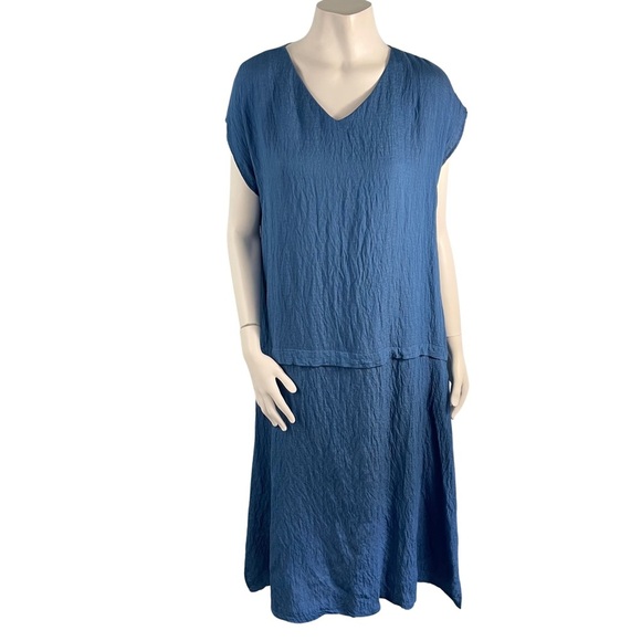 Tusso Crinkle Short Sleeves Kaftan Midi Dress Pockets Blue 2 / M Lagenlook Flowy - Picture 1 of 12
